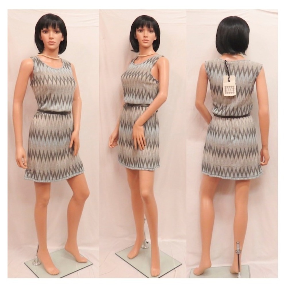 CHELSEA & VIOLET Blue Gray Tan Loose Knit Sleeveless Knit Dress L New
